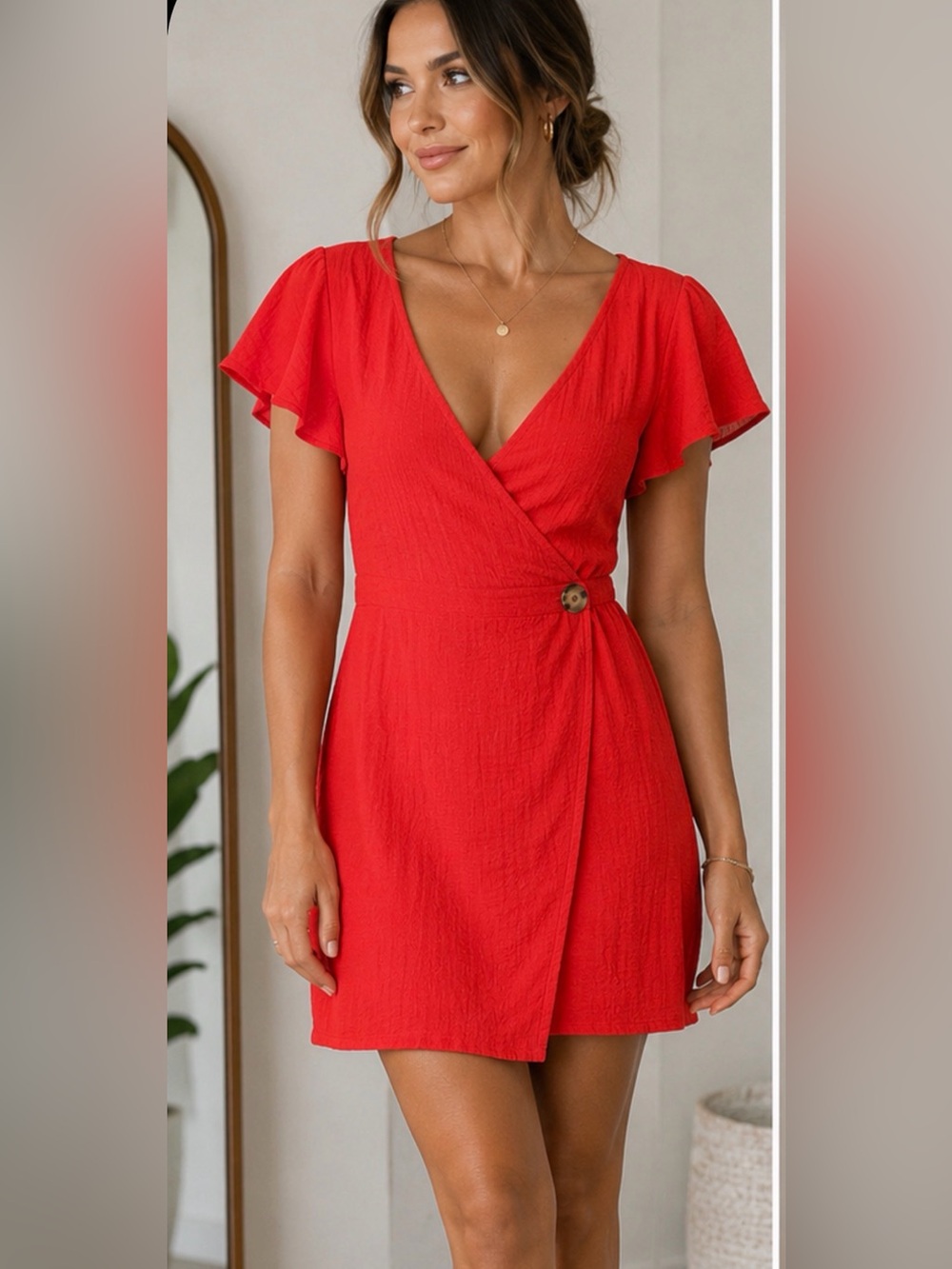 Favlux Coral Red Wrap Mini Dress Flutter Sleeve Size Medium